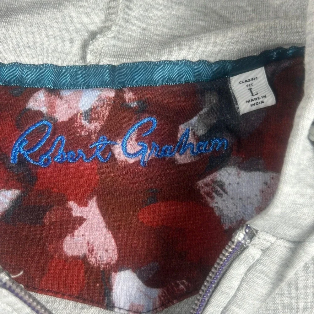 Robert Graham Mens Gray Skull Rose Embroidered Full Zip‎ Hoodie Classic Fit L